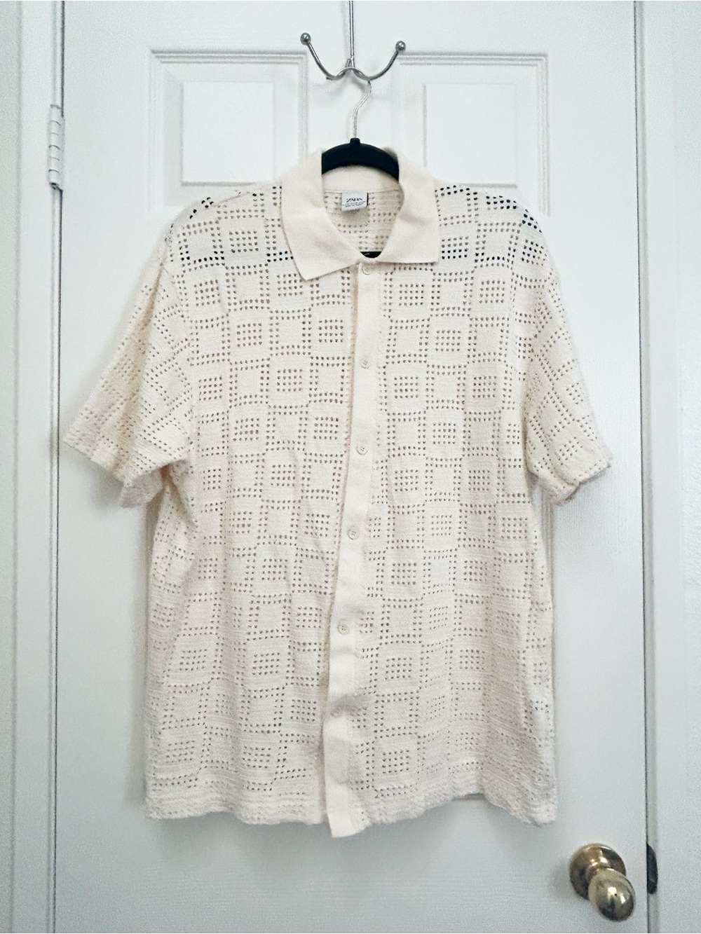 Zara Ecru Crochet Knit Short Sleeve Shirt | Size XL - Picture 2 of 6